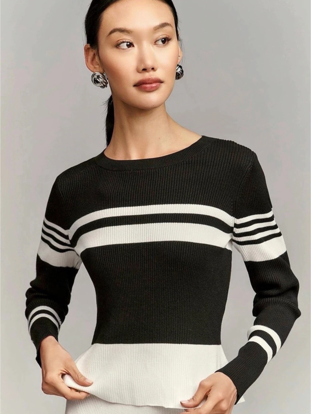 Anthropologie Maeve Striped Long-Sleeve Crew-Neck Sweater Black & White XS